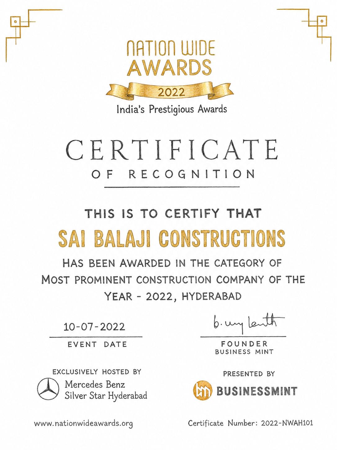 Nationwide Awards 2022 certificate of recognition