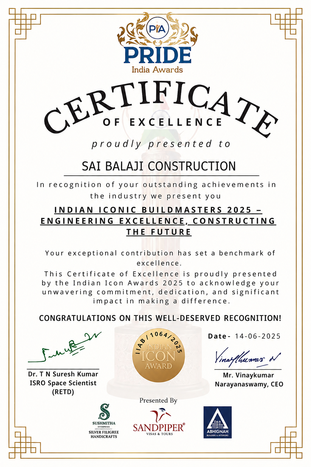 Indian Iconic Buildmasters 2025 plaque