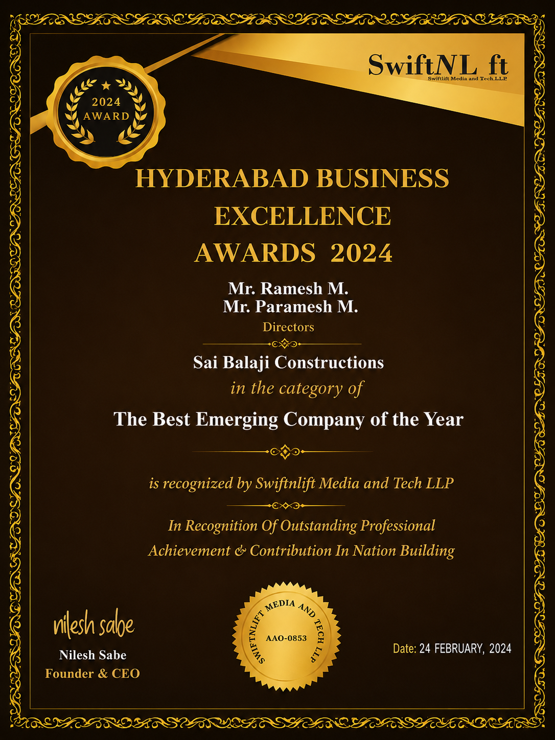 Hyderabad Business Excellence Awards 2024 certificate